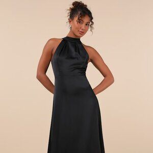 Lulus Regal Loveliness Black Satin Pleated Mock Neck Maxi Dress - Size L -